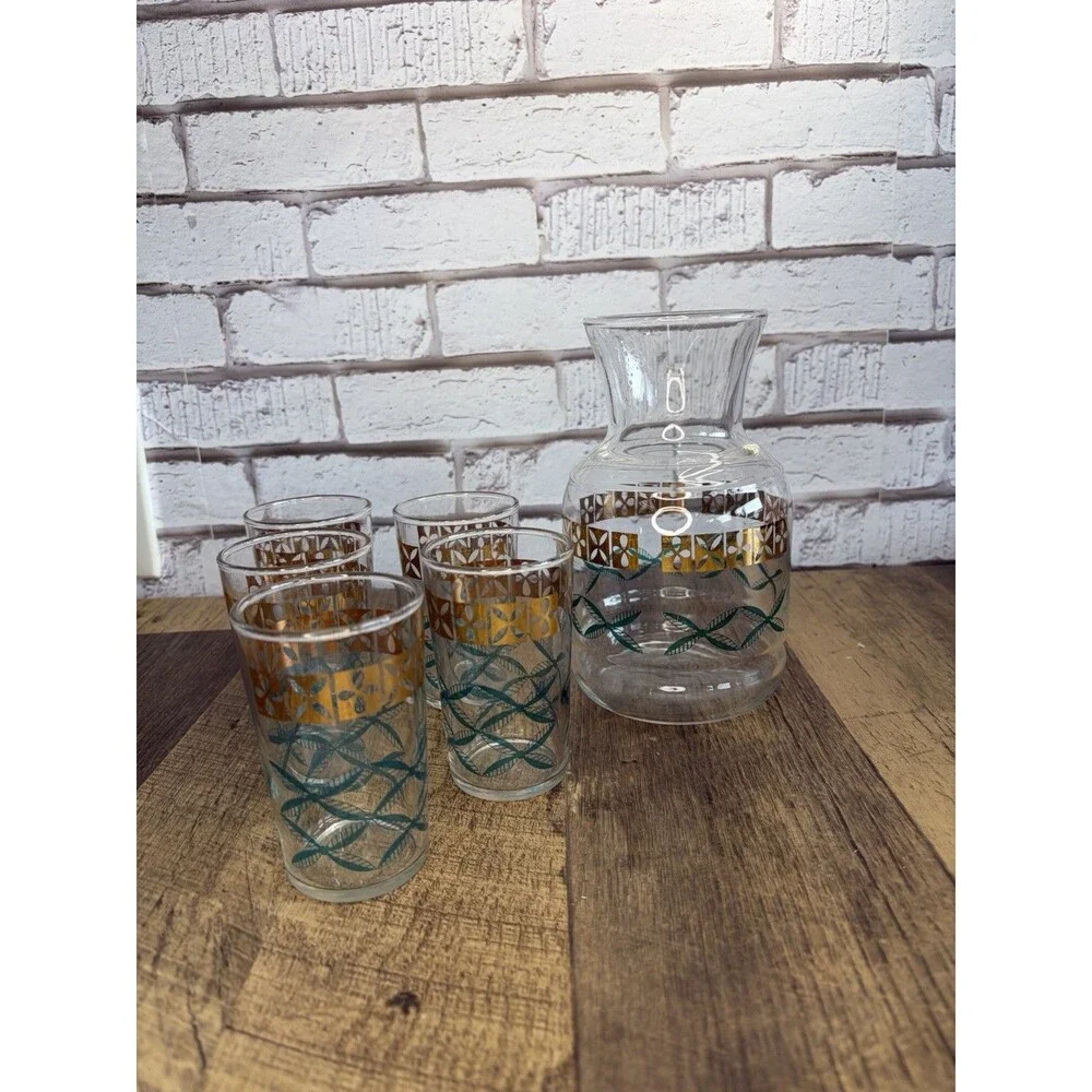 Vintage Federal Glass Juice Set W/Carafe And 5 glasses Homestead design Mint
